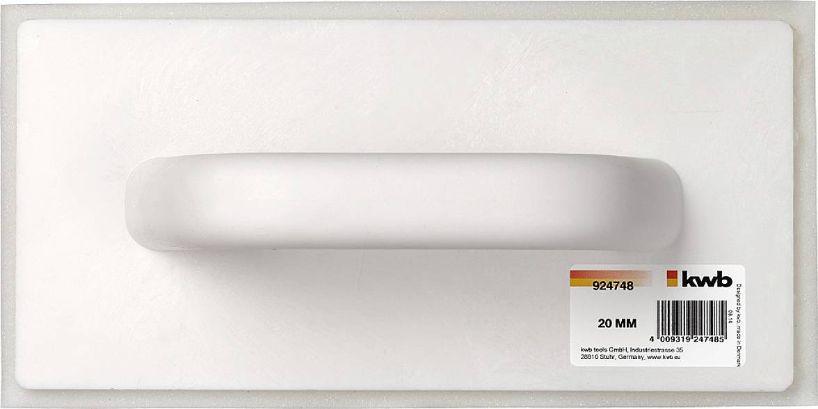 Plastic smoothing trowel, rectangular, with a handle in the centre. Product label from 'kwb' with specifications in the bottom right.