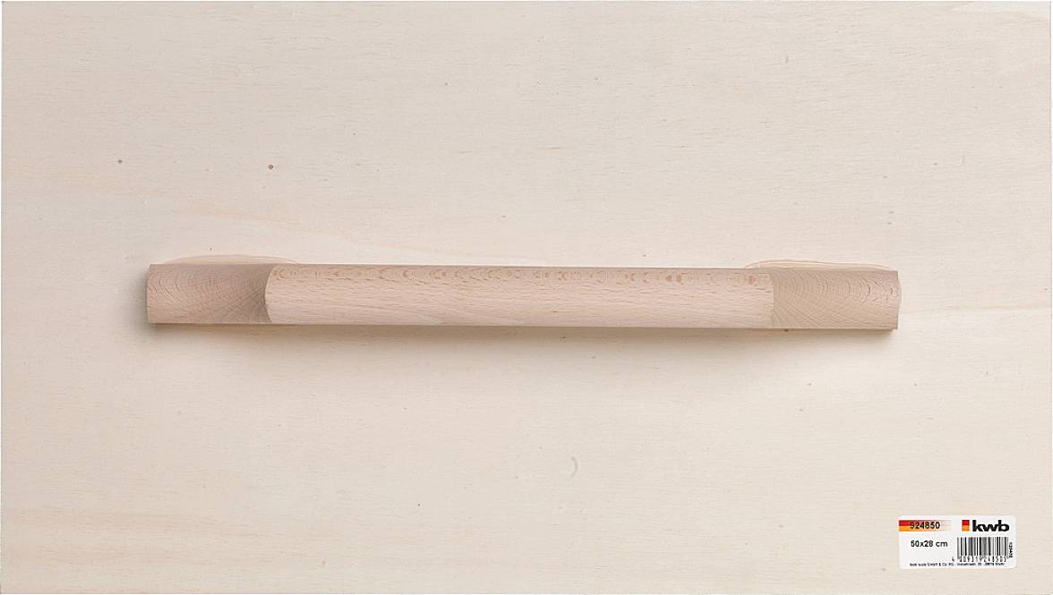 A long, rectangular wooden handle lies on a light surface. A small label with the inscription 'kwb' is located in the bottom right.