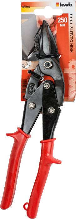 Scissors with a red handle and black cutting head, packaged. Label shows '250 mm' and 'kwb' logo.