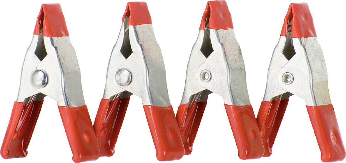Four red G-clamps in a row, each made of metal with red handles, on a white background.