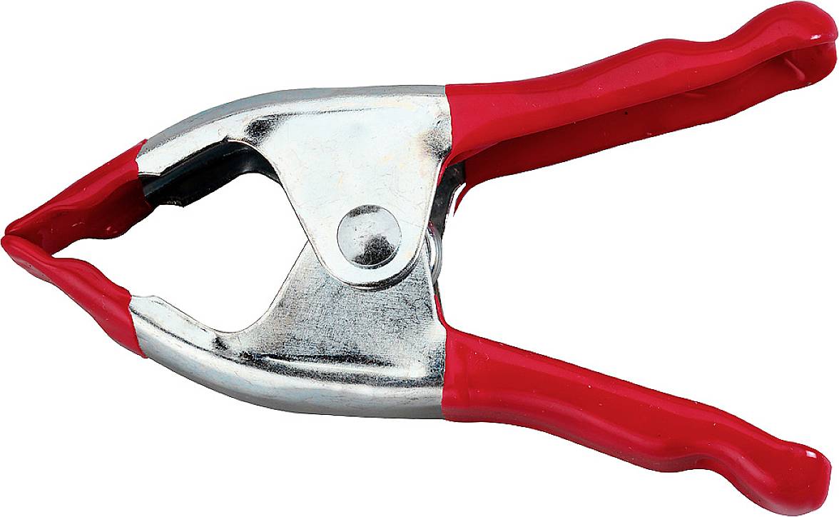 Metal clip with red handles, open. Commonly used for securing materials.