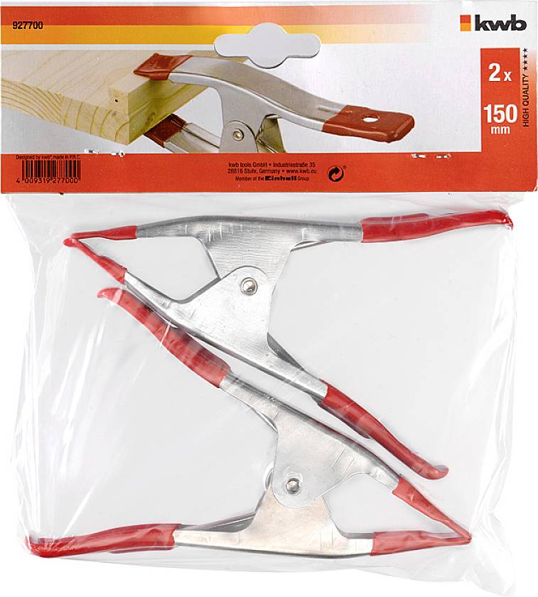 'Packaging containing two metal spring clamps with red handles, suitable for woodworking. Length: 150 mm.'