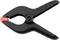 A black plastic G-clamp with a red protective tip on one end. Primarily used for securing workpieces.