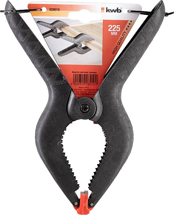 KWB robust plastic clamp pliers, 225 mm in size, ideal for securing workpieces. Shown in sales packaging.