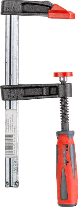 A G-clamp with a red handle and black clamping mechanism on a white background.