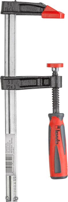 Clamp with a red handle and black jaw, used for holding workpieces during woodworking or construction projects.