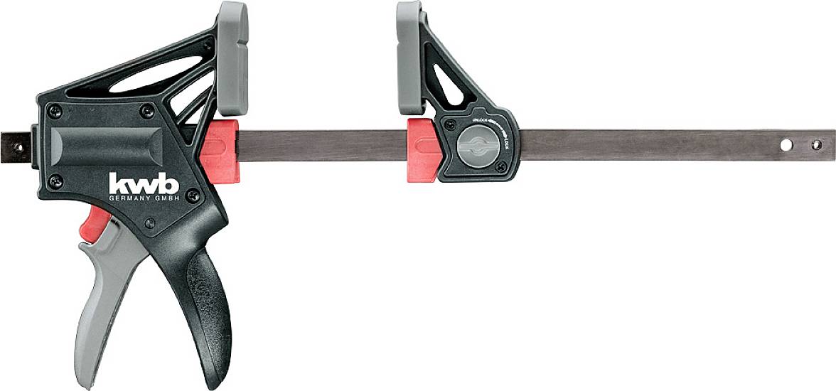 Screw clamp with plastic handle and metal bar, suitable for securing workpieces during woodworking or metalworking.