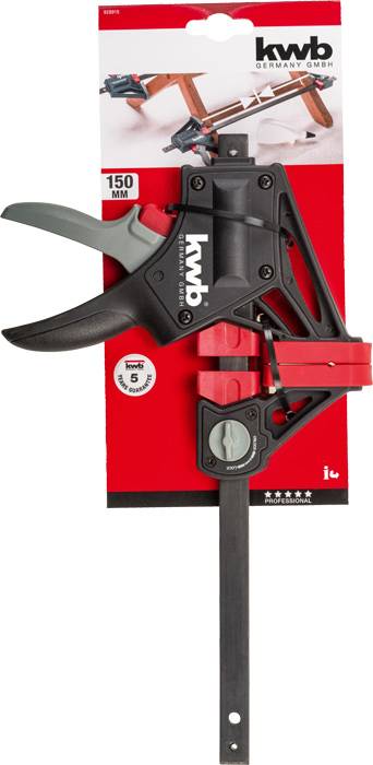 A kwb one-handed clamp with a spread of 150 mm, pictured on the packaging. Suitable for precise clamping and fixing.