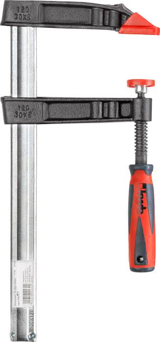 A G-clamp with a red handle and metal frame, suitable for securing materials during craftwork.