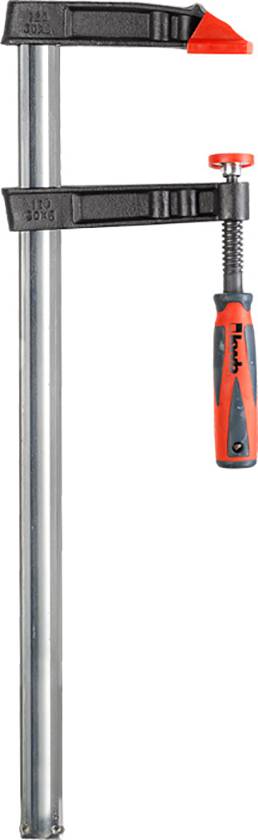 Metal G-clamp with rubber-lined ends and a red handle, used for holding materials during woodworking or metalworking.