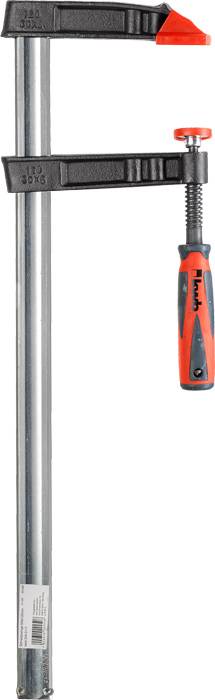 Metal clamp with a black frame and red handle. It is long and robust, suitable for securing workpieces.