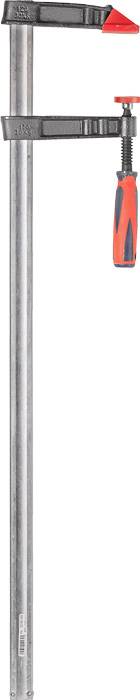 Metal G-clamp with a long, horizontal bar and black handle, suitable for fixing and holding workpieces in woodworking.