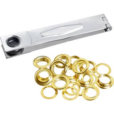 Metal pliers and several golden eyelets on a white background. The pliers are used for inserting the eyelets.