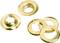 Five gold-coloured eyelets from different perspectives. Suitable for reinforcing holes in fabrics or paper.