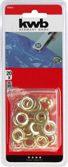 Packaging containing 20 gold-coloured metal eyelets by KWB, suitable for fabric reinforcement. Pictured application: Eyelet in blue fabric.