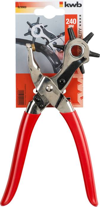 A hole punch plier with a red handle, suitable for punching holes in leather or fabric. Packaging shows brand name and size.