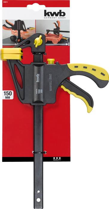 'Clamping screw, 150 mm, black body with yellow handle, on red packaging by KWB Tools.'