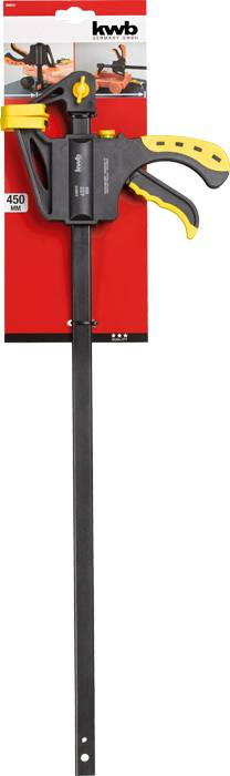 Clamp by the brand 'kwb', on a red packaging. The clamp has yellow handles and is set to 450 mm in length.