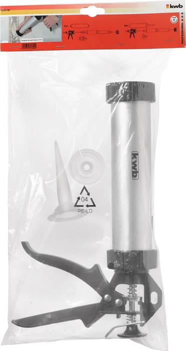 Sealant gun in a plastic packaging with a black handle and silver cylinder. Includes nozzle and packaging design in the background.