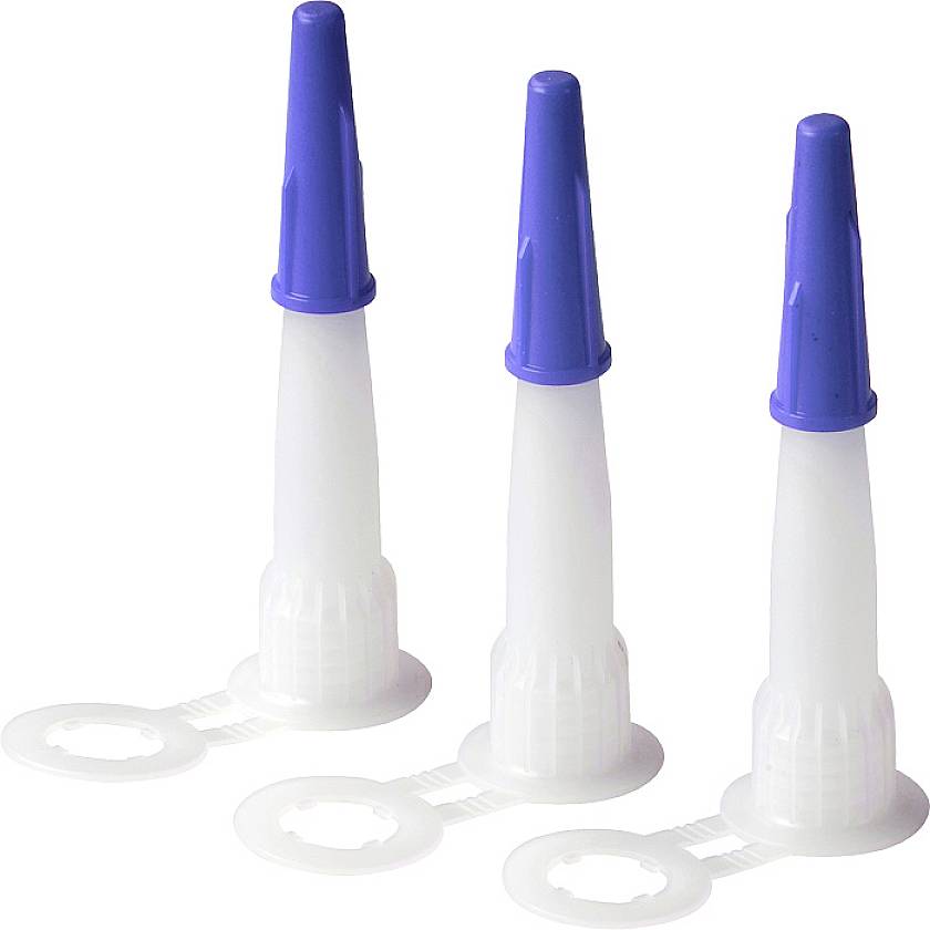 Three interchangeable blue plastic nozzles with a wide, round base, standing upright, suitable for sealing or dispensing liquids.