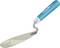 A trowel with a blue handle and a curved, tapered stainless steel blade, suitable for brickwork and plastering.