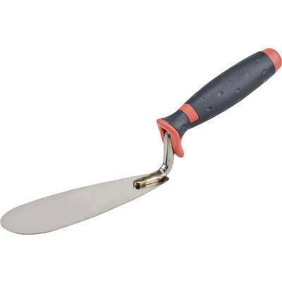 Garden trowel with a black ergonomic handle and red accent, used for planting and digging in the soil.