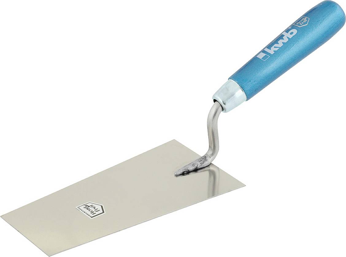 A trowel with a blue handle and silver blade, angled for masonry work.