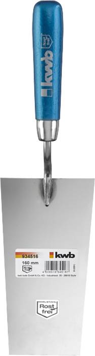 Hand trowel with blue handle, brand 'kwb', length 160 mm, stainless steel. Suitable for plastering and tiling work.