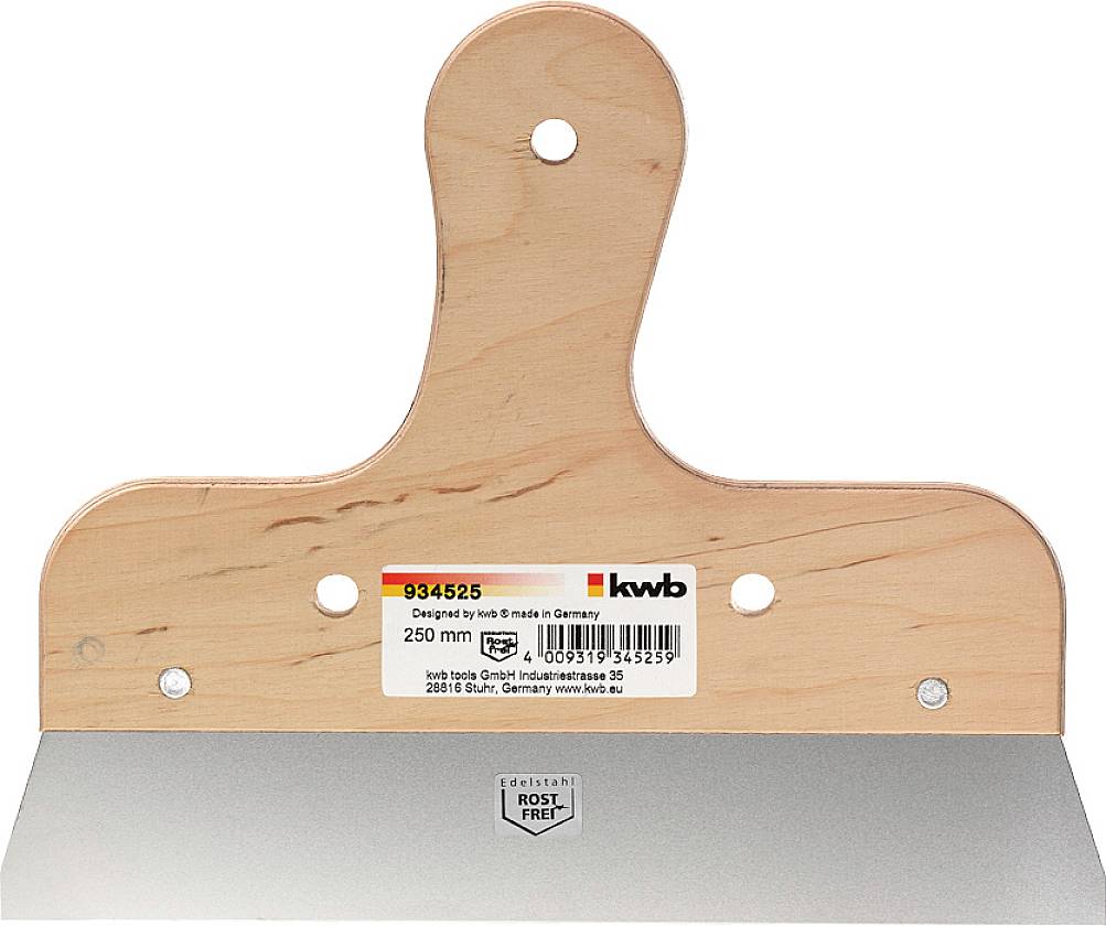 Spatula with wooden handle and stainless steel blade. A label with manufacturer information and product details is affixed to the handle.