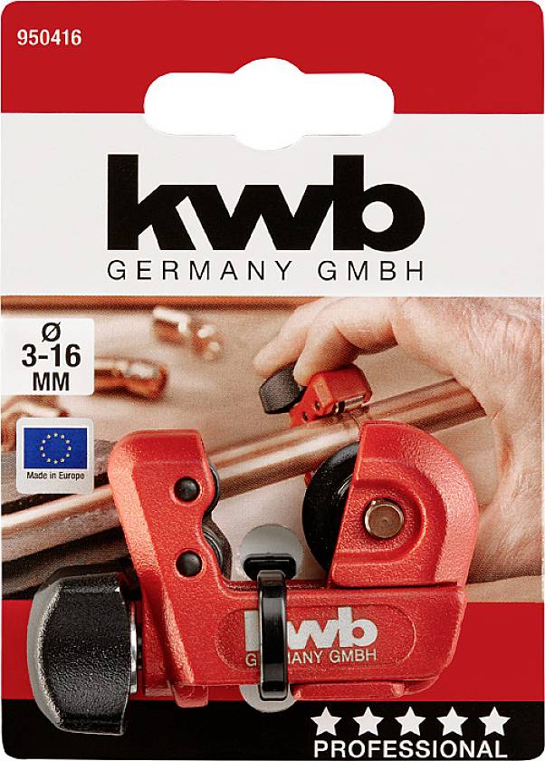 Red pipe cutting tool by KWB for diameters 3-16 mm, packaged with product illustration and EU origin indication.
