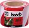 Roll of red and white barrier tape. Text: '100 m x 80 mm', 'kwb Germany GmbH'. Used on construction sites or at events.