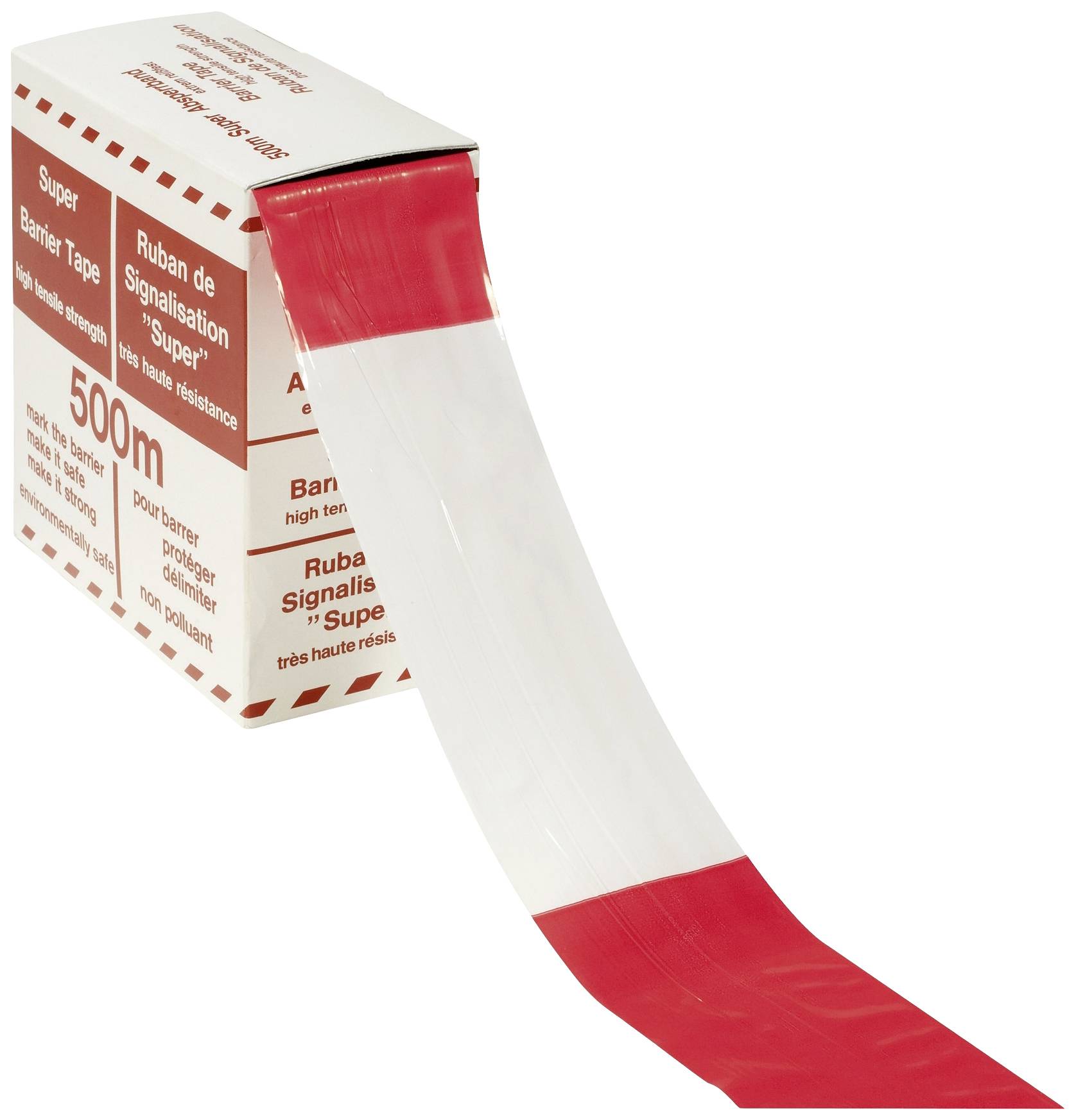 Red and white barrier tape being pulled from a cardboard dispenser. Text on the box: 'Super Barrier Tape', length 500m.