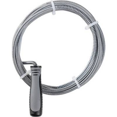 A metal drain cleaning snake with a black handle, coiled, for removing blockages in drains.