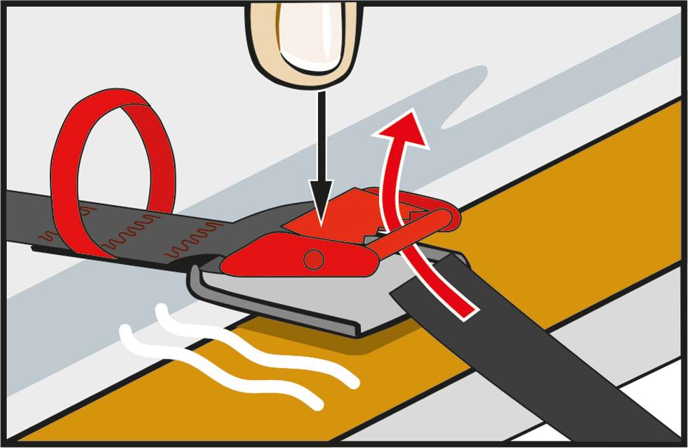 Figure shows an instruction for securing a safety belt. A finger is pressing a red tab to tighten the belt.
