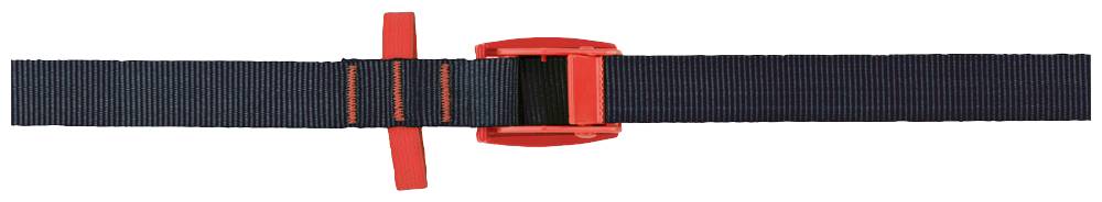 A black belt with a red buckle and an adjusting mechanism in the middle, horizontally positioned.