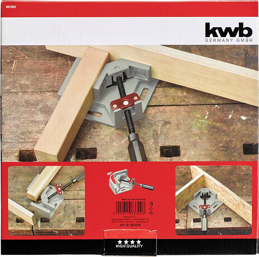 A G-clamp is secured on a workbench, fixing two wooden boards at right angles. Packaging with pictures and the "kwb Germany GmbH" logo.