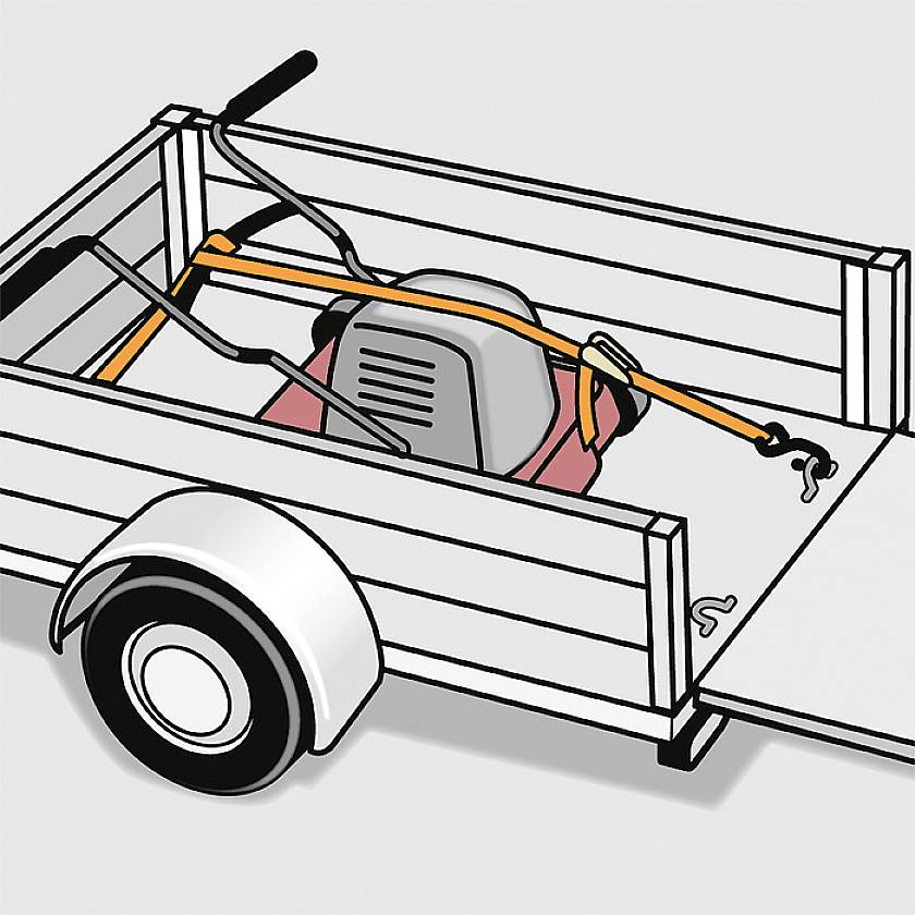 A trailer is transporting a lawnmower, secured by straps. The lawnmower is positioned on an open trailer.