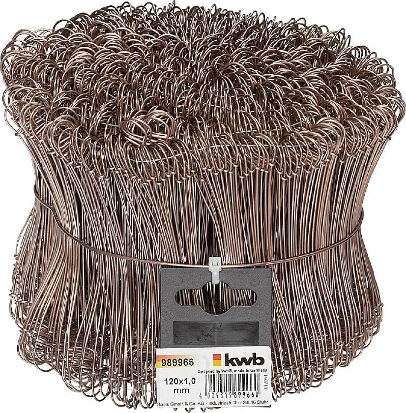 A bundle of numerous thin, copper-coloured wire hangers, tightly bound together. A label displays a product number and brand information.