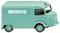 A turquoise toy van in the shape of a delivery truck with the inscription 'Migros'.