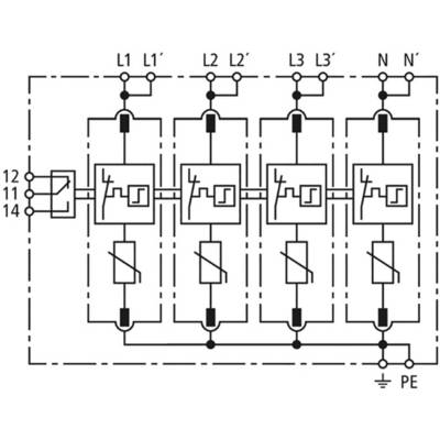 Electrical circuit diagram with four parallel-connected fuses, labelled as L1, L2, L3, N, and PE, which are connected to a switch.