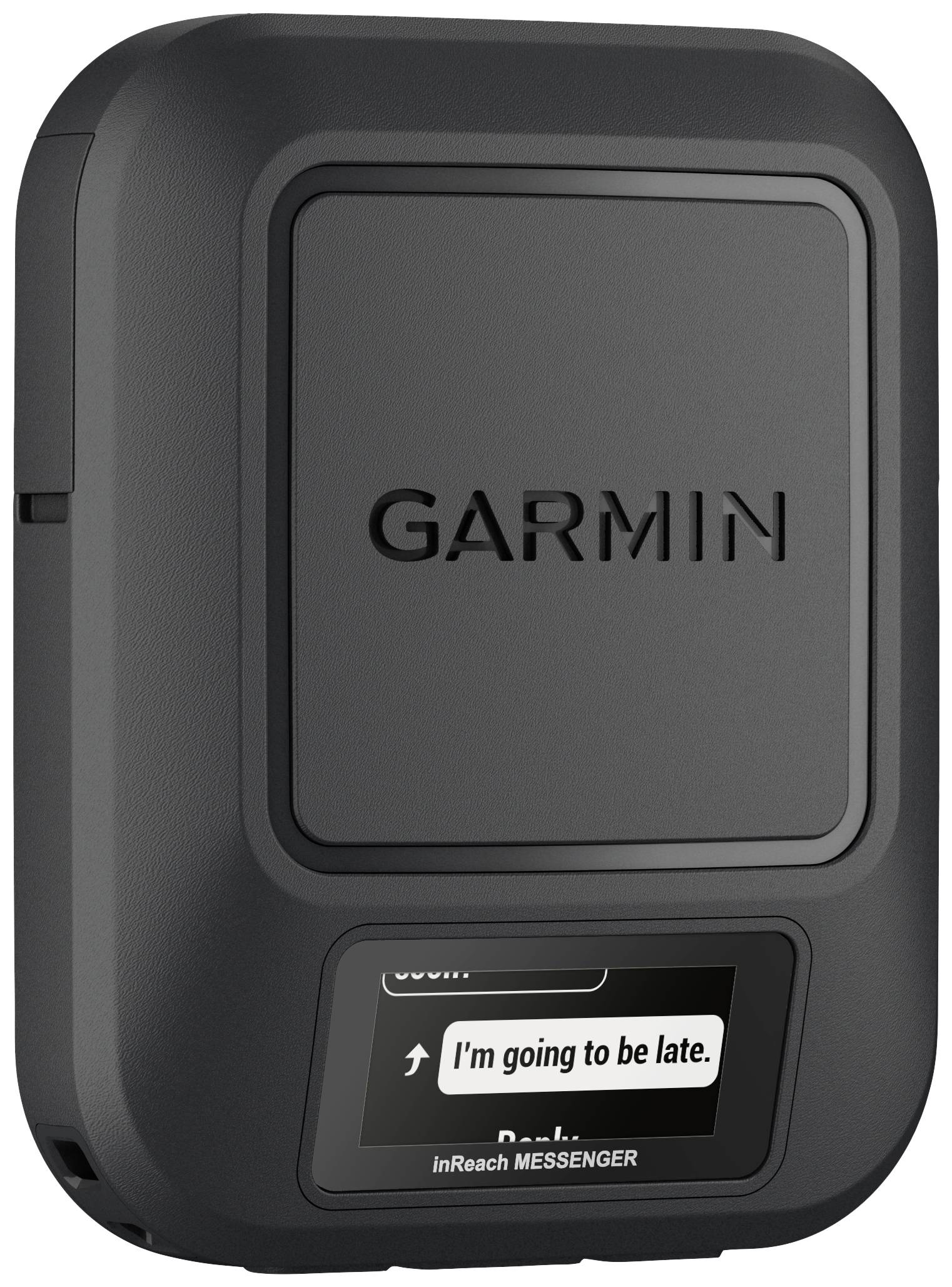 A black Garmin device with a display shows the message 'I'm going to be late.' It is a portable communication device.