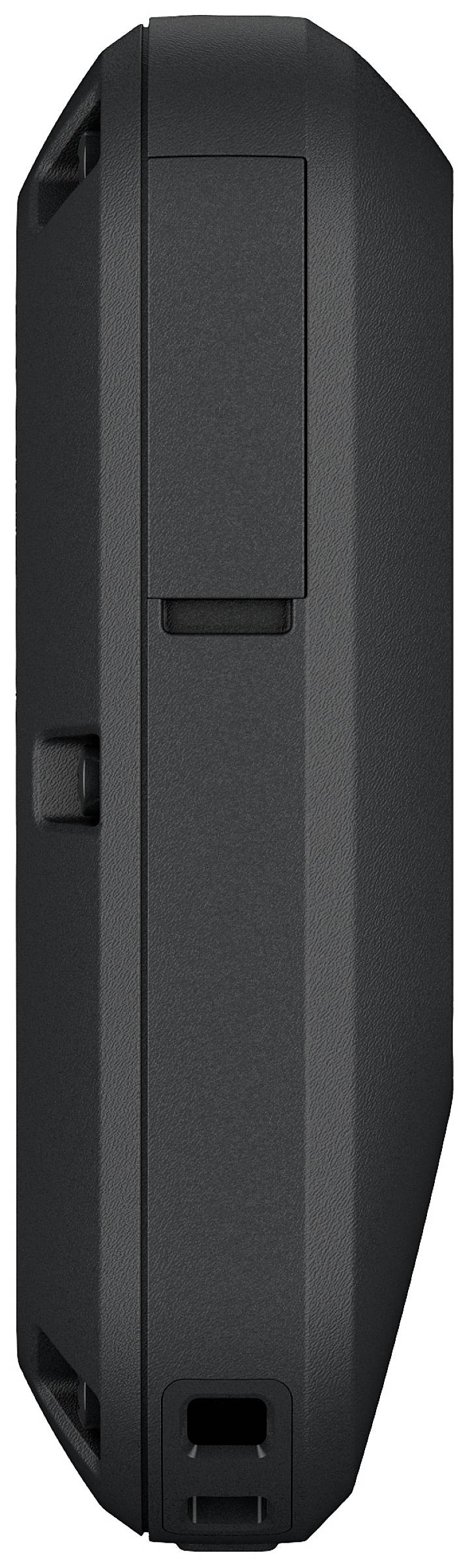 Black, compact, rectangular plastic object with rounded edges and a small opening on the underside.