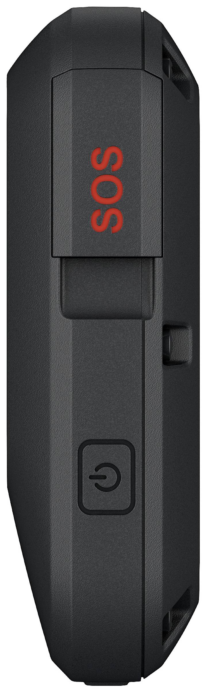 Black electronic device with a red 'SOS' button and a power switch on the side.