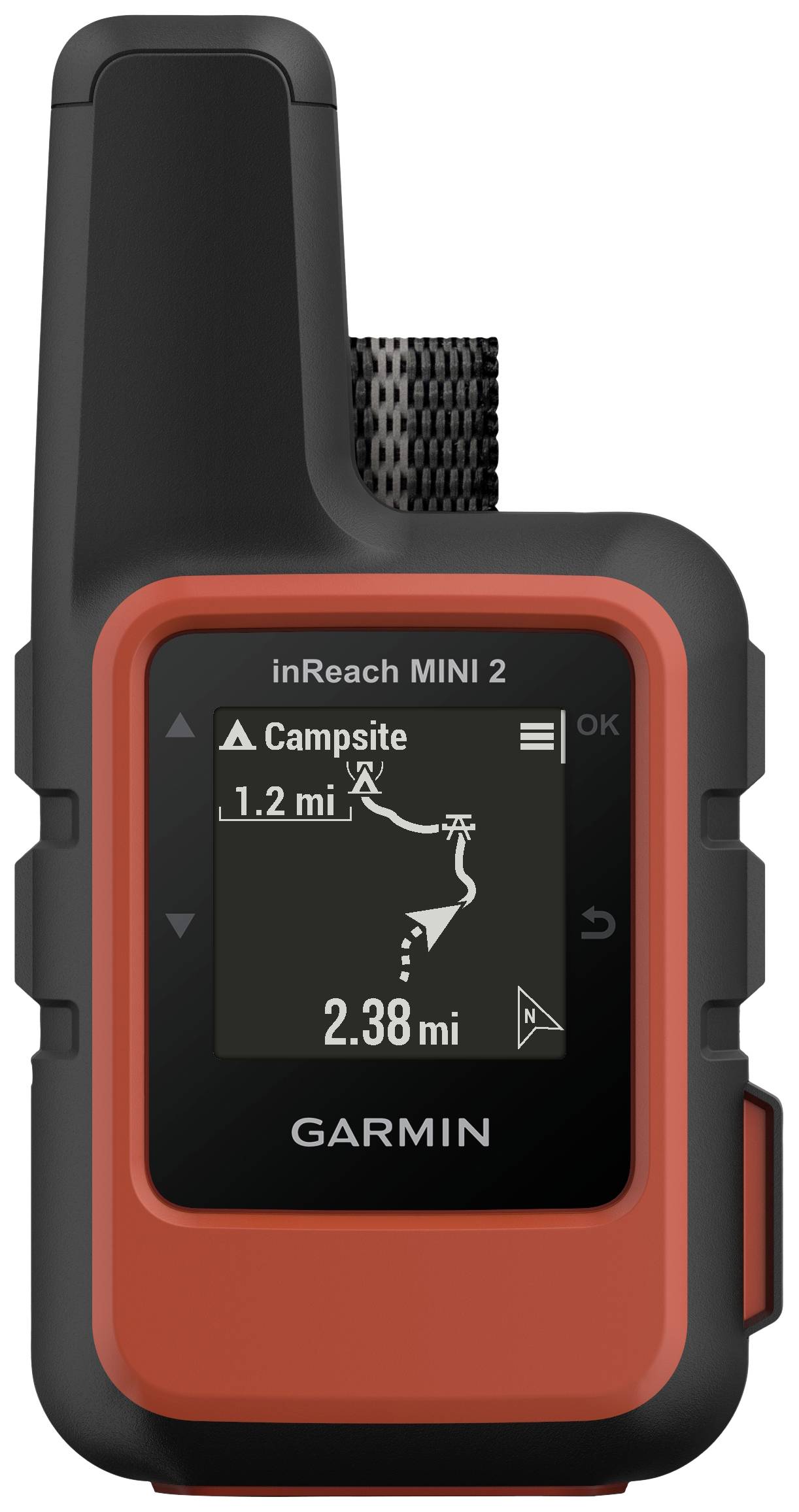 A red GPS device with a display shows the distance of 1.2 miles to a campsite.