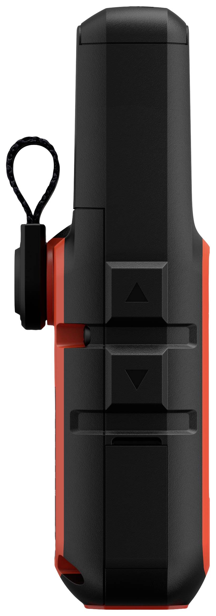 Black and red electronic device with two arrow buttons on the side for easy operation, compact and portable.