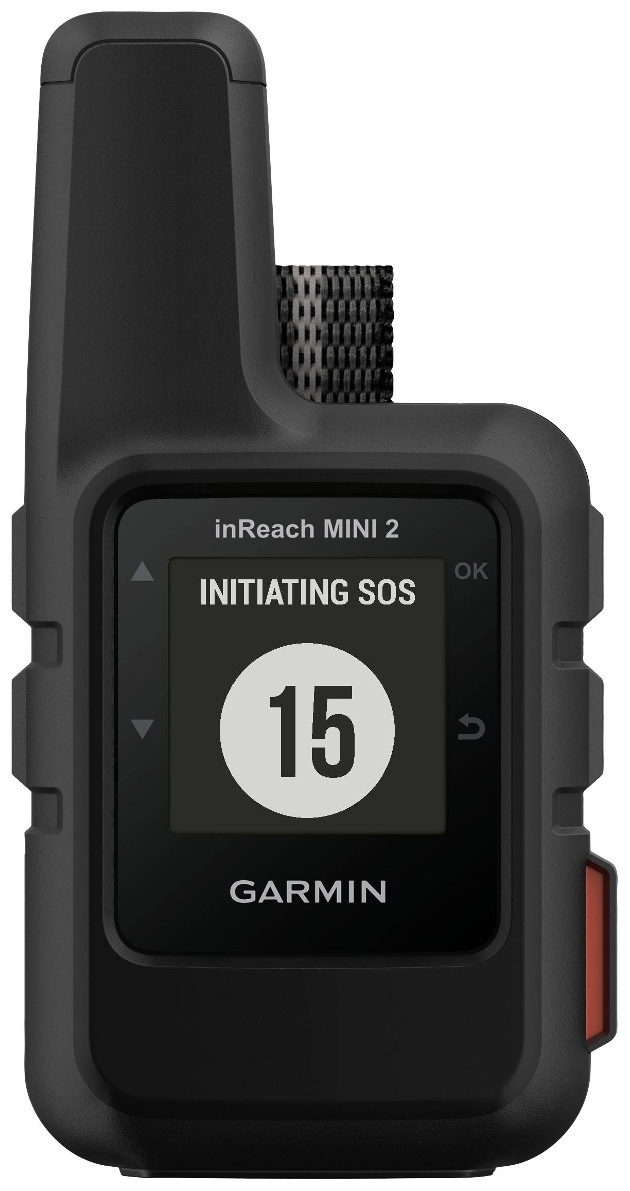 Black and grey GPS device with an antenna, displaying 'INITIATING SOS' on the screen and a large number '15'.