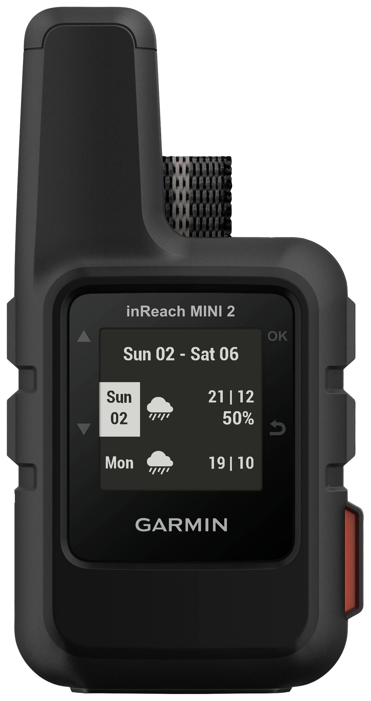 A Garmin inReach Mini 2 device displays a weather forecast with temperatures and rain probability for Sunday and Monday.