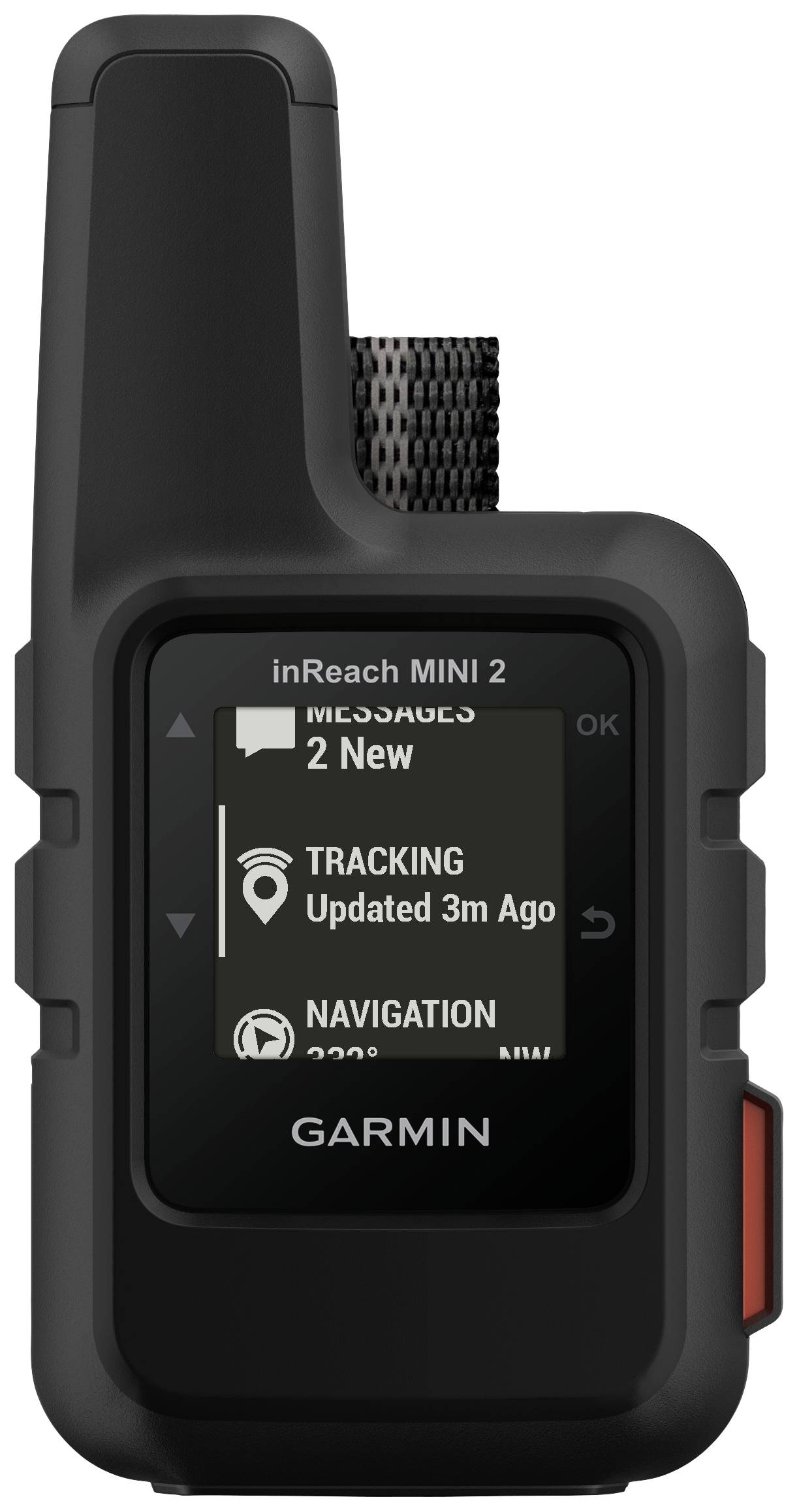 A black GPS device with a screen displays 'Tracking' and 'Messages 2 New'. The device has an antenna in the top left corner.