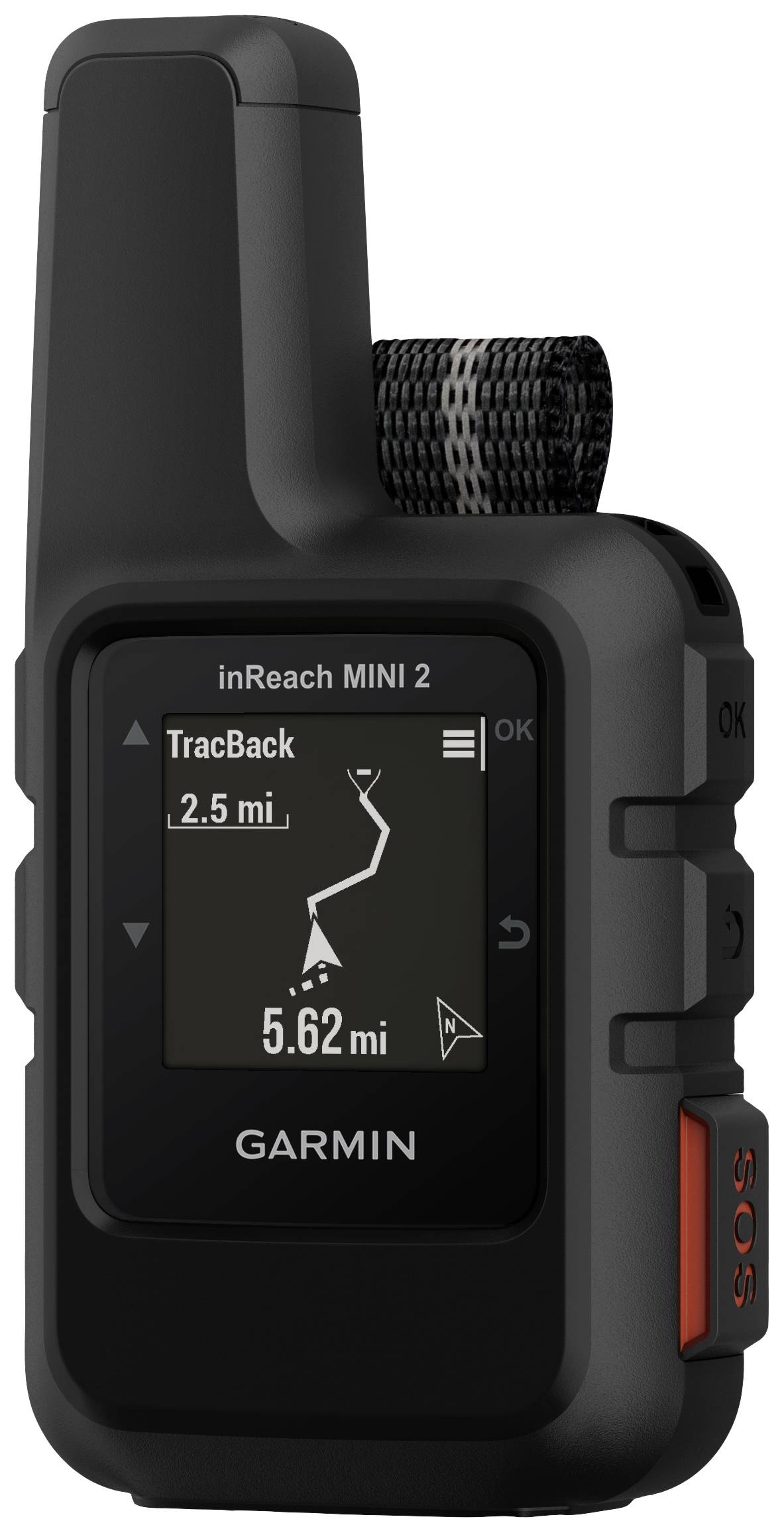 A GPS device displays a travelled distance of 5.62 miles on the screen, with a 2.5-mile segment named 'TracBack'.