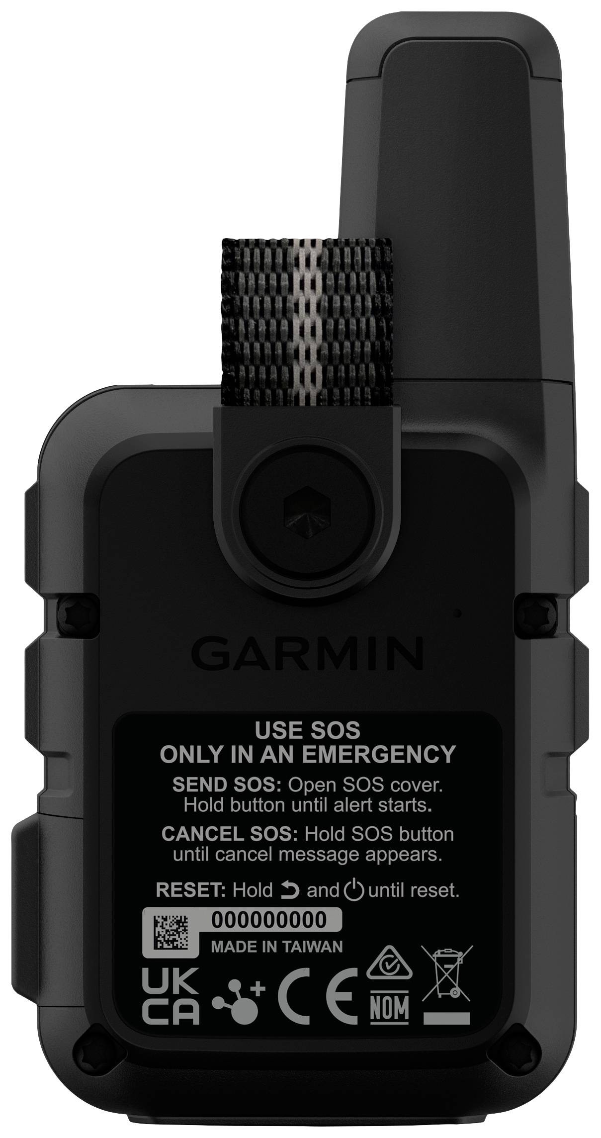 Back of GPS device with notes: 'GARMIN', 'USE SOS ONLY IN AN EMERGENCY'. Instructions for SOS function and reset button.